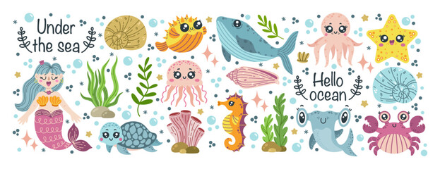 Wild sea life vector set. Ocean animals - cute turtle, little mermaid, baby shark, funny jellyfish, seahorse, starfish. Underwater creatures among seaweed, shells, corals. Hand drawn cartoon clipart