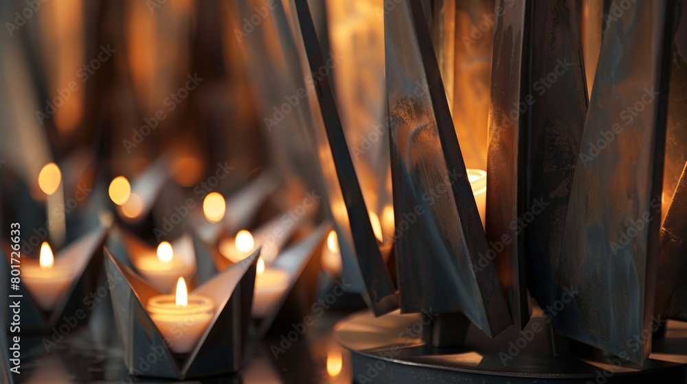 Poster the contrast between the sharp angles of the sculpture and the soft glow of the candles creates a dy