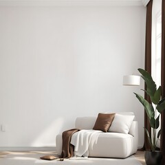  Living room with white empty walls - light mockup for canvas art. Accent brown pillow and curtain details. Scandinavian modern minimal interior design lounge Livingroom home or office. 3d rendering 