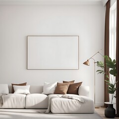  Living room with white empty walls - light mockup for canvas art. Accent brown pillow and curtain details. Scandinavian modern minimal interior design lounge Livingroom home or office. 3d rendering 