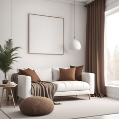  Living room with white empty walls - light mockup for canvas art. Accent brown pillow and curtain details. Scandinavian modern minimal interior design lounge Livingroom home or office. 3d rendering 