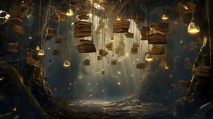 Books suspended from the branches of a mystical tree, their pages rustling in the breeze of a hidden grove