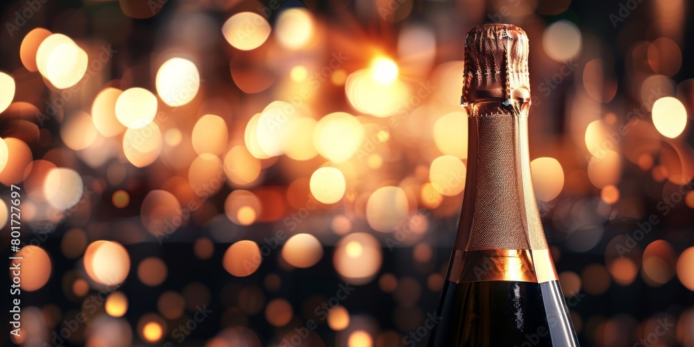 Poster champagne bottle in close-up with sparkling bokeh lights creating a festive background.