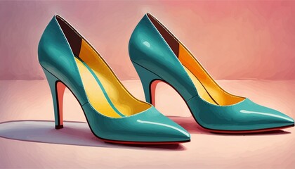 Generate teal-colored velvet shoe pair and mid-size heels and velvety yellow occur inside material in the pumps with pastel pink background. acrylics on canvas painting style; aesthetically pleasing.

