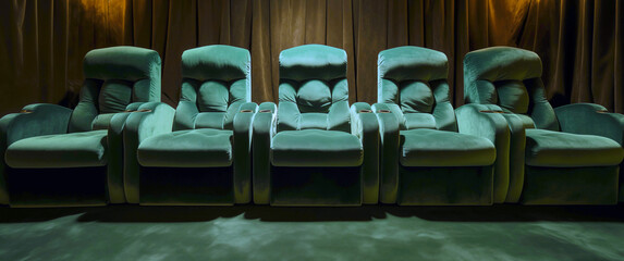 A row of five, plush, green movie theater seats as one might find in a home theater; background...