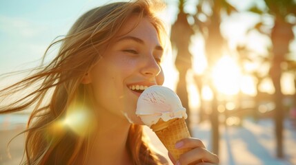 Joyful young lady eating vanilla ice cream cone during a golden hour beachside walk.