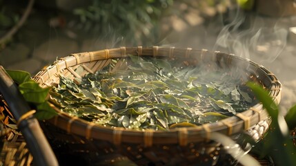 Wicker basket with green tea leaves in a garden, Generative AI illustrations. - obrazy, fototapety, plakaty