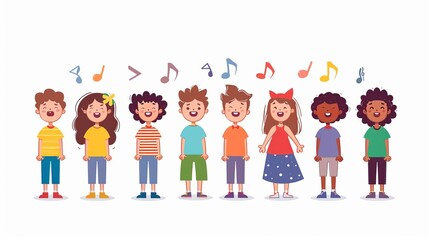 Cute children singing song together Little kids singers in choir Diverse vocal talented girls and boys group chorus from music school Flat vector illustrations isolated on white background