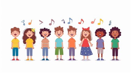 Fototapeta premium Cute children singing song together Little kids singers in choir Diverse vocal talented girls and boys group chorus from music school Flat vector illustrations isolated on white background