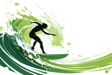 Green illustration of a surfer catching and riding the ocean wave