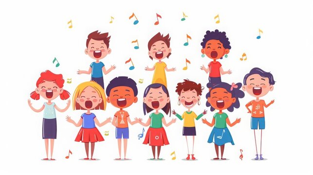 Cute children singing song together Little kids singers in choir Diverse vocal talented girls and boys group chorus from music school Flat vector illustrations isolated on white background