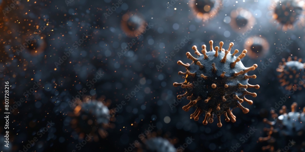 Poster a close-up detailed virus particle in a dark environment.
