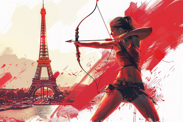 Red watercolor painting of an archery woman by Eiffel Tower Olympics