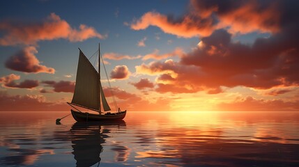 A sense of tranquility pervades the atmosphere as the sun sets over the horizon, casting a serene light on the solitary boat gently swaying by the shore