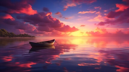 A serene sunset paints the sky in hues of pink and gold, casting a warm glow over the solitary boat by the ocean shore - obrazy, fototapety, plakaty