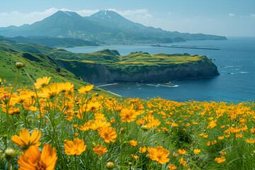 섬과 함께 바다와 해안이 보이는 노란 꽃이 피어있는 들판