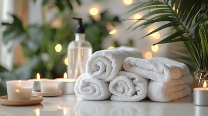 A serene beauty spa concept with white towels, fresh flowers, and candles arranged decoratively, offering relaxation for all your skin care essentials on a clean counter.