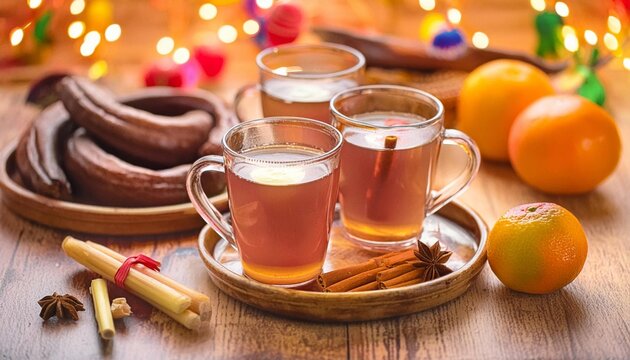 Wooden table with three cups of ponche navideno and christmas decorations