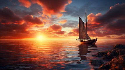 A breathtaking sunset envelops the horizon, casting its final rays on the solitary boat anchored along the calm seas