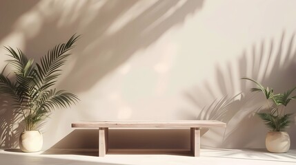 Wooden shelf with palm leaves shadow on white wall, Generative AI illustrations.