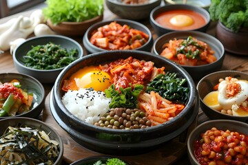 다양한 그릇에 한식들이 풍성하게 차려진 식탁.