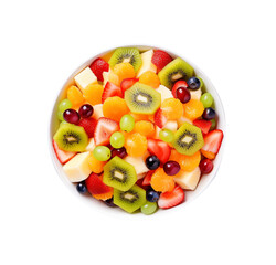 Assorted fresh fruit salad with kiwi, strawberries, oranges, blueberries and red currants in a white bowl, top view. Generative AI