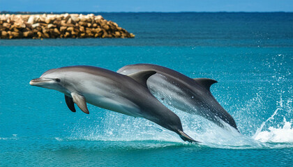 Naklejka premium Dolphins jumping from ocean water, on a sunny day. 