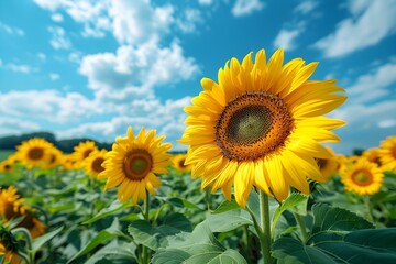 Fototapeta premium 구름이 떠다니는 화창한 날씨에 해바라기 들판 풍경