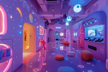 Digital Disco Hotel: A vibrant space blending technology, music, and purple hues in its interior design