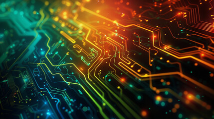 Obraz premium Abstract background with digital circuit board patterns and glowing lines, representing technology, cyber security or data transfer concept. 