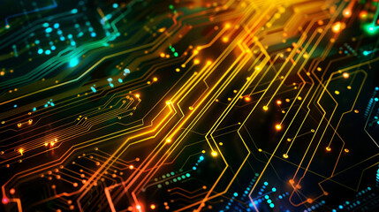 Fototapeta premium Abstract background with digital circuit board patterns and glowing lines, representing technology, cyber security or data transfer concept. 