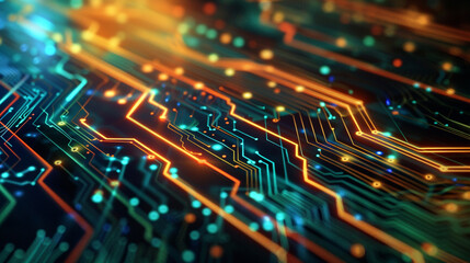 Abstract background with digital circuit board patterns and glowing lines, representing technology, cyber security or data transfer concept.
