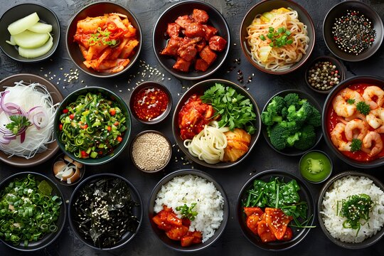 다양한 그릇에 한식들이 풍성하게 차려진 식탁.