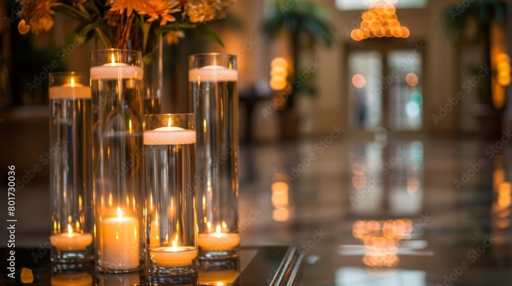 Poster The cascading effect of the glassencased candle columns adds visual interest and dimension to the room. 2d flat cartoon.