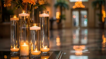 Naklejka premium The cascading effect of the glassencased candle columns adds visual interest and dimension to the room. 2d flat cartoon.