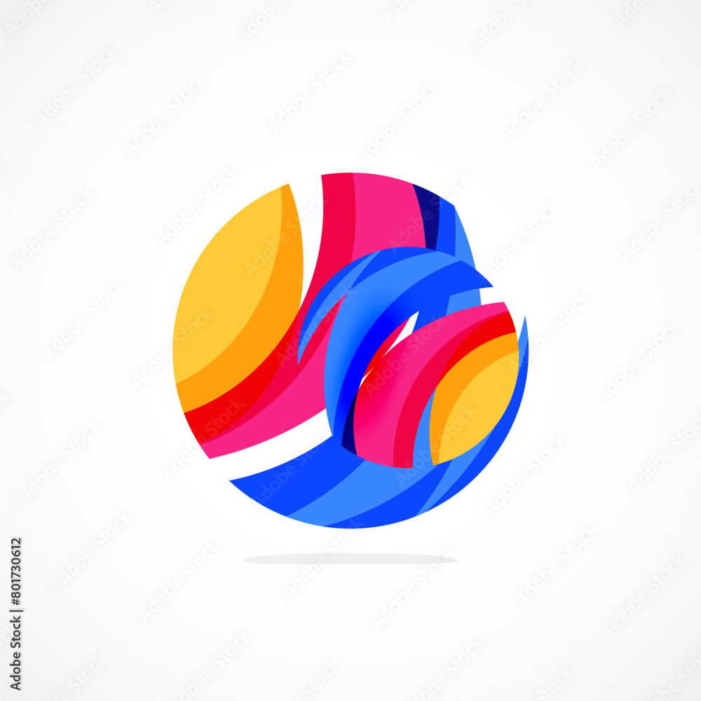 Poster an artistic logo resembling a volleyball in electric blue and magenta colors, set inside a circle sy