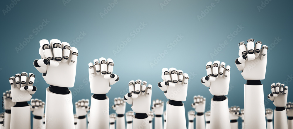 Poster mlp 3d illustration robot humanoid hands up to celebrate success achieved by using ai artificial int