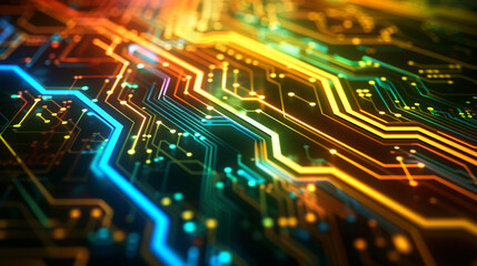 Obraz premium Abstract background with digital circuit board patterns and glowing lines, representing technology, cyber security or data transfer concept. 