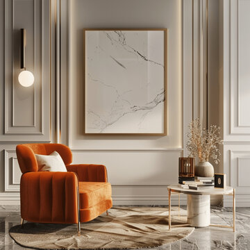 AI generated a Mockup poster frame on the wall of living room. Luxurious apartment background with contemporary design. Modern interior design. 3D render, 3D illustration 