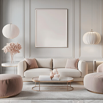 AI generated a Mockup poster frame on the wall of living room. Luxurious apartment background with contemporary design. Modern interior design. 3D render, 3D illustration 
