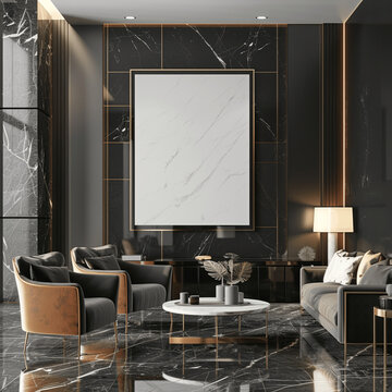 AI generated a Mockup poster frame on the wall of living room. Luxurious apartment background with contemporary design. Modern interior design. 3D render, 3D illustration 