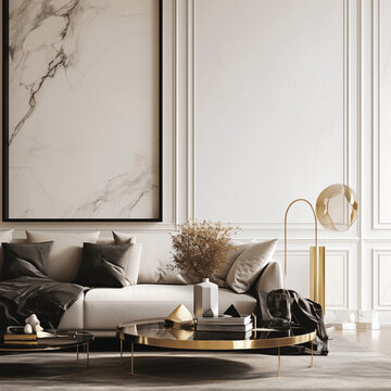 AI generated a Mockup poster frame on the wall of living room. Luxurious apartment background with contemporary design. Modern interior design. 3D render, 3D illustration 