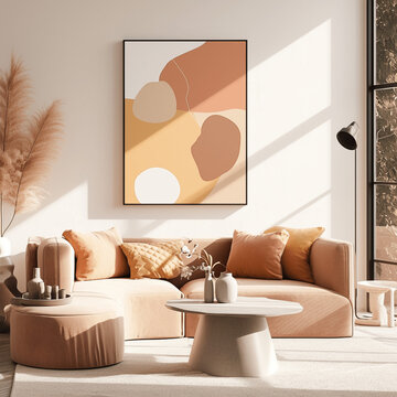 AI generated a Mockup poster frame on the wall of living room. Luxurious apartment background with contemporary design. Modern interior design. 3D render, 3D illustration 
