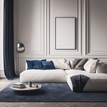 AI generated a Mockup poster frame on the wall of living room. Luxurious apartment background with contemporary design. Modern interior design. 3D render, 3D illustration 