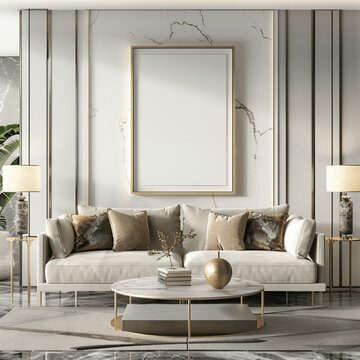 AI generated a Mockup poster frame on the wall of living room. Luxurious apartment background with contemporary design. Modern interior design. 3D render, 3D illustration 