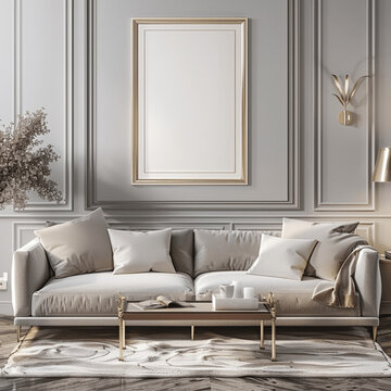 AI generated a Mockup poster frame on the wall of living room. Luxurious apartment background with contemporary design. Modern interior design. 3D render, 3D illustration 
