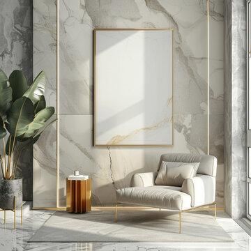 AI generated a Mockup poster frame on the wall of living room. Luxurious apartment background with contemporary design. Modern interior design. 3D render, 3D illustration 