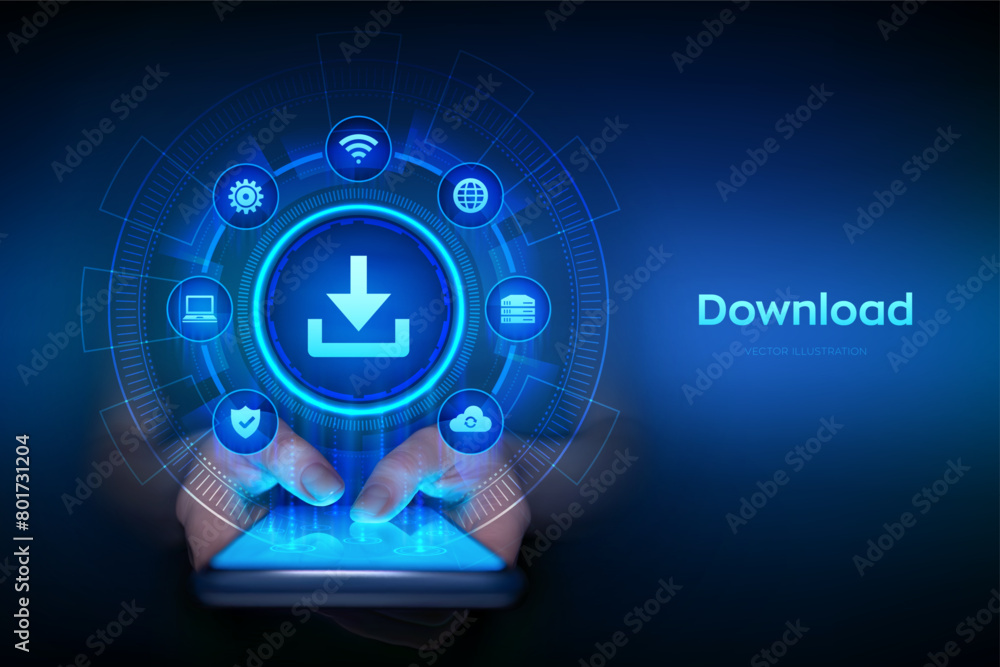Poster download data storage. cloud download icon. install symbol. business technology network internet con