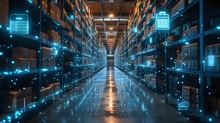 Modern Warehouse with Advanced Data Analytics and Digital Graphics Overlay