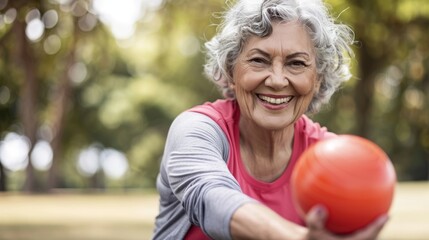 An older woman happily engaged in a hobby or activity that she was previously unable to enjoy thanks to antiaging neural treatments..